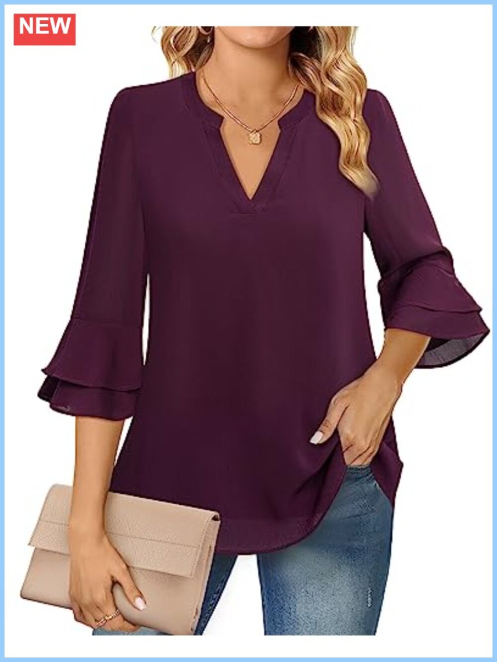 Womens Chiffon Tunic Top 3/4 Bell Sleeve V-Neck Office Blouse